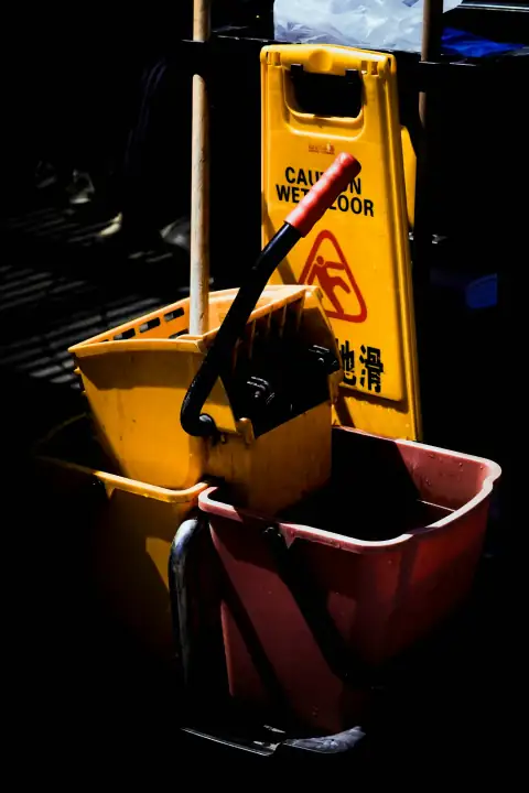 Mops: A yellow mop bucket, mop, and "caution wet floor" sign