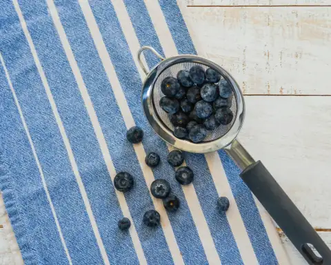 Roti rumal & napkins: a bowl of blueberries on a blue and white towel