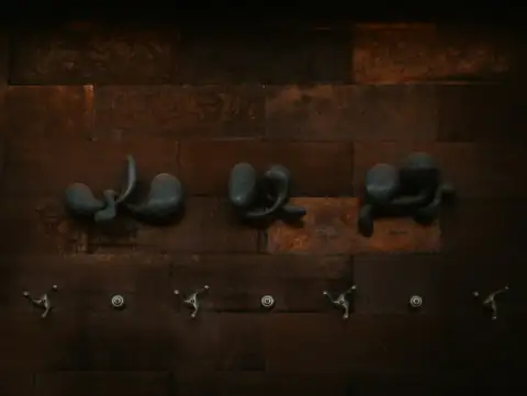 Hooks: a row of metal faucets mounted to a wall