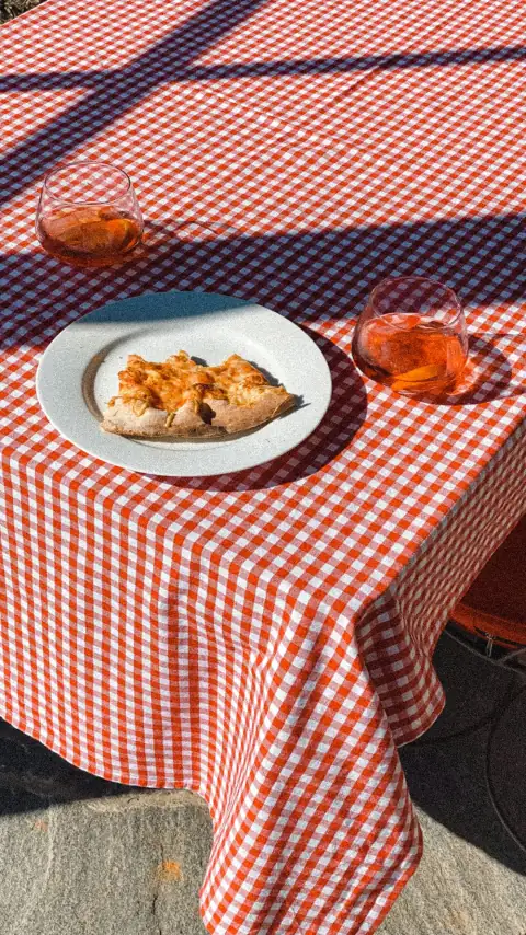 Covers: a plate of pizza on a checkered table cloth