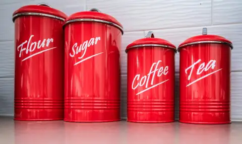 Containers & jars: Four red retro canisters labeled flour, sugar, coffee, tea