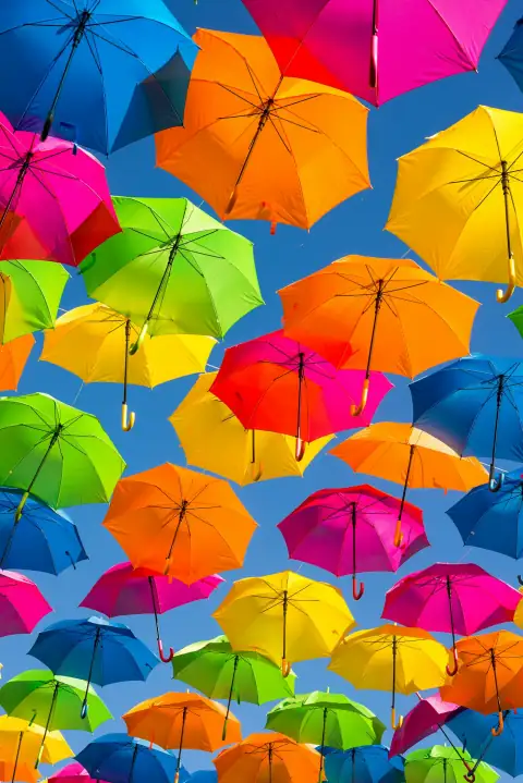 Umbrellas: Many colorful umbrellas suspended against a clear blue sky