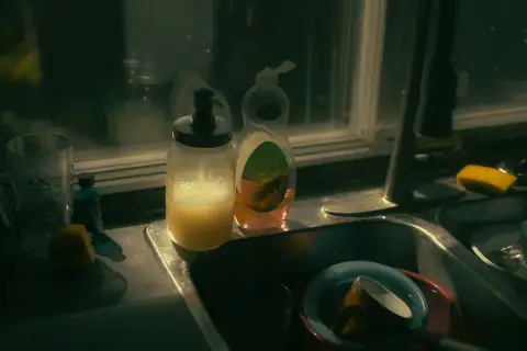 Phenyl & cleaners: a kitchen sink filled with dishes next to a window