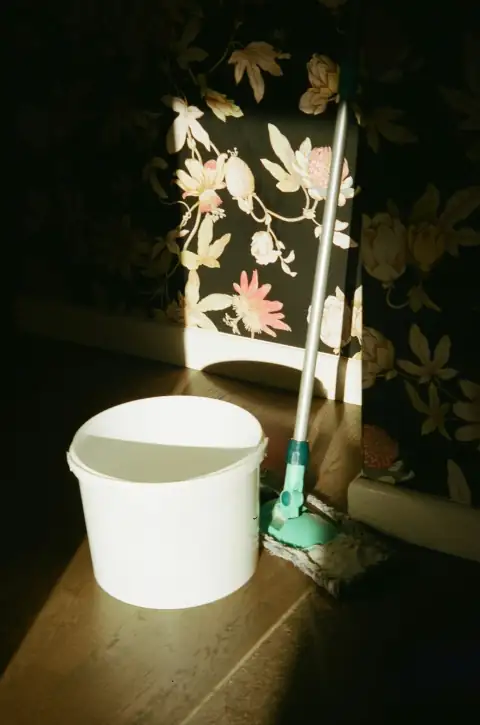 Mops: a bucket and a mop on a wooden floor