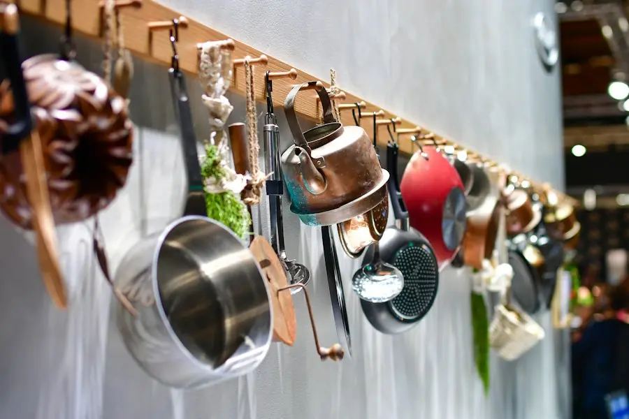 Utensils hanging on hooks